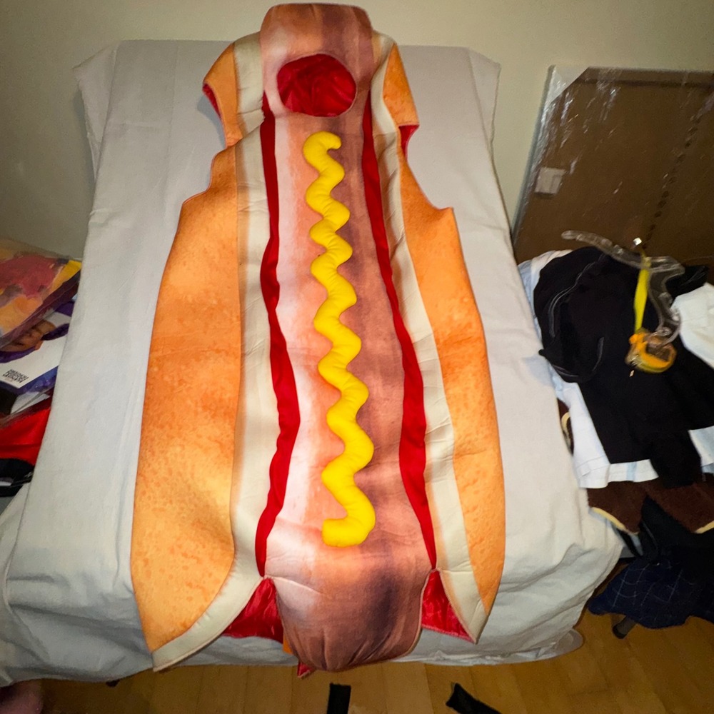 Unisex Adult Hot Dog Halloween Costume Bodysuit Large Brown Yellow Red ALDI AoS